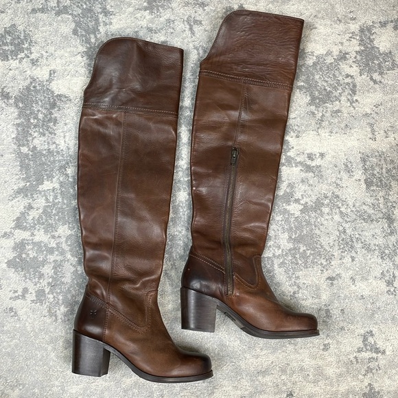 Frye Kendall Distressed Over The Knee Riding Boots Brown Leather Heeled Sz 5.5 - Picture 2 of 16